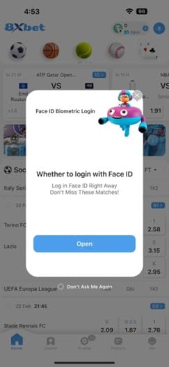 A person using Face ID to log in to the 8xbet app on a smartphone